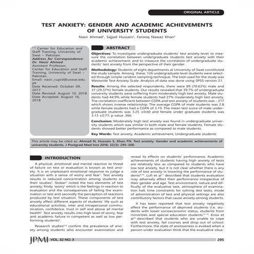 Test anxiety gender and academic achievements | PDF