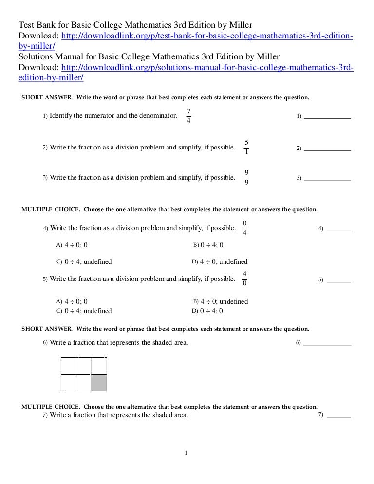 Test Bank for Basic College Mathematics 3rd Edition by Miller