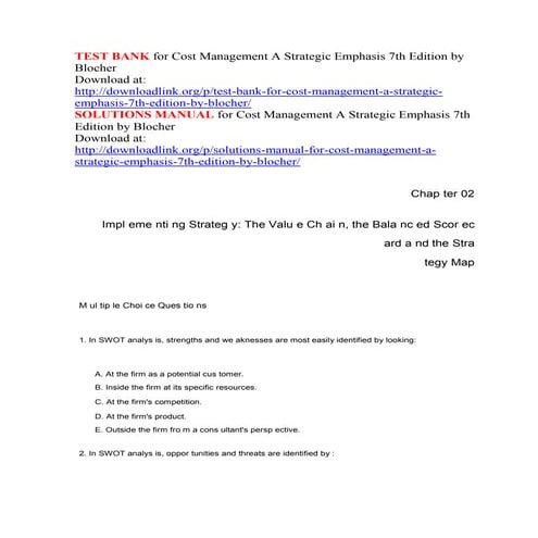 Test bank for cost management a strategic emphasis 7th edition by blocher