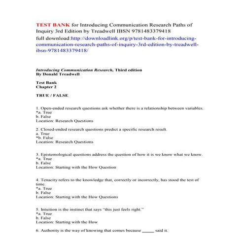 Test bank for introducing communication research paths of inquiry 3rd edition...