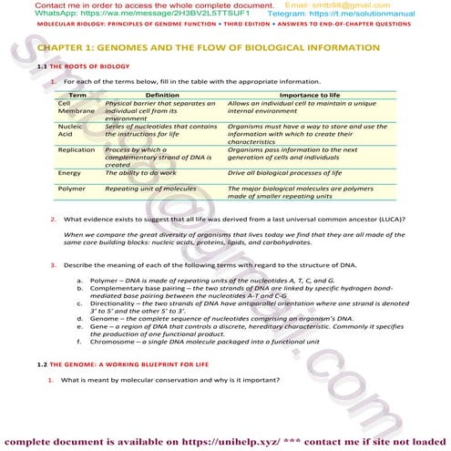 Question Bank for Molecular Biology 3rd Edition by Craig & Green
