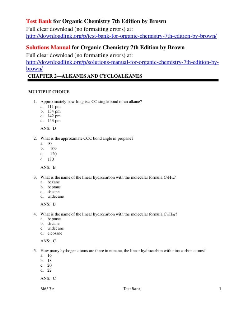 Test Bank For Anic Chemistry 7th Edition Brown