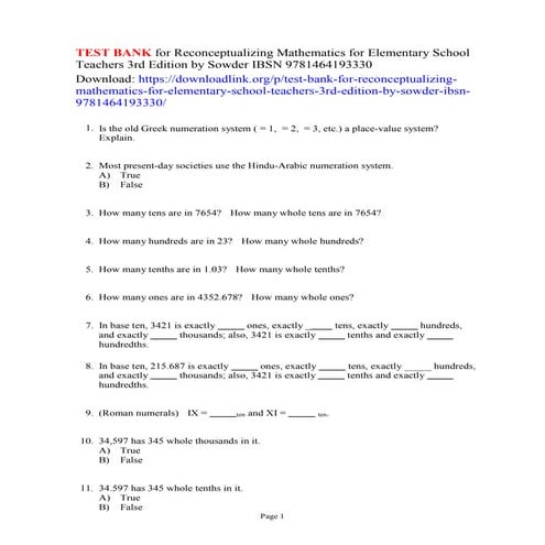 Test bank for reconceptualizing mathematics for elementary school teachers 3r...