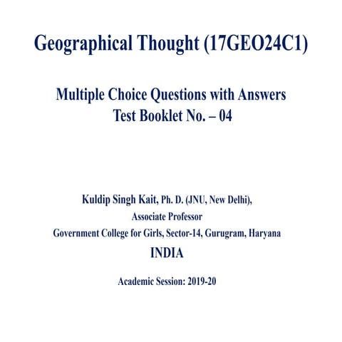 Geographical Thought (17GEO24C1) Test Booklet No. 04 