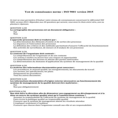 Test de connaissance norme iso 9001 version 2015 | PDF