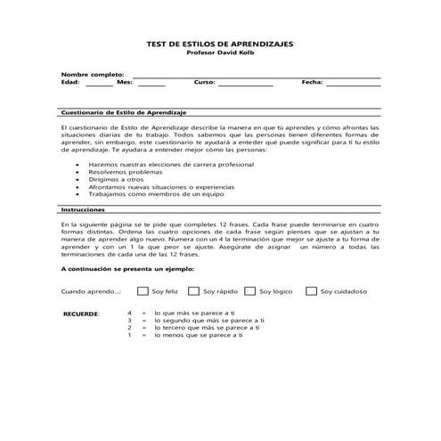 Test de estilos de aprendizajes | DOCX
