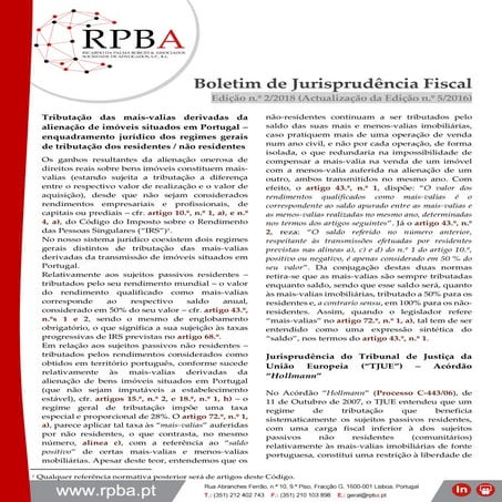 RPBA Boletim de Jurisprudência n.º 2 de 2018 - Tributação das mais-valias derivadas da alienação de imóveis situados em Portugal – enquadramento jurídico dos regimes gerais de tributação dos residentes / não residentes