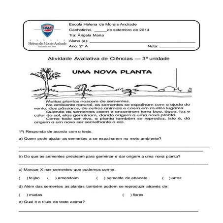 Teste de ciências  3ª Unidade   Helena  Andrade 2º ano 2014