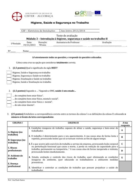 Teste módulo 3 - Higiene, Saúde e S...