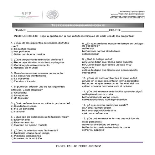TEST ESTILOS DE APRENDIZAJE Visual-auditivo-kinestésico | PDF