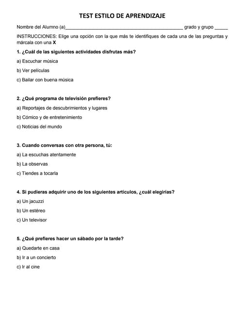 TEST ESTILOS DE APRENDIZAJE Visual-auditivo-kinestésico | PDF