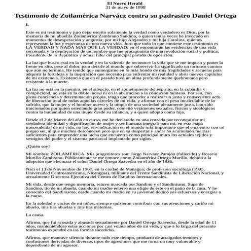 Testimonio de Zoilamérica Ortega Murillo contra Daniel Ortega Saavedra