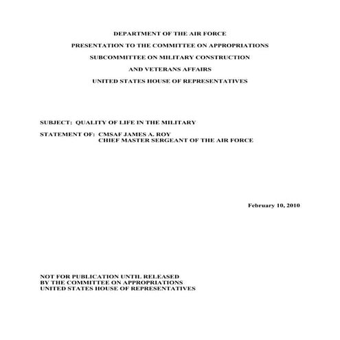 Opening Statement - CMSAF James A. Roy Testified before Congress on Quality o...