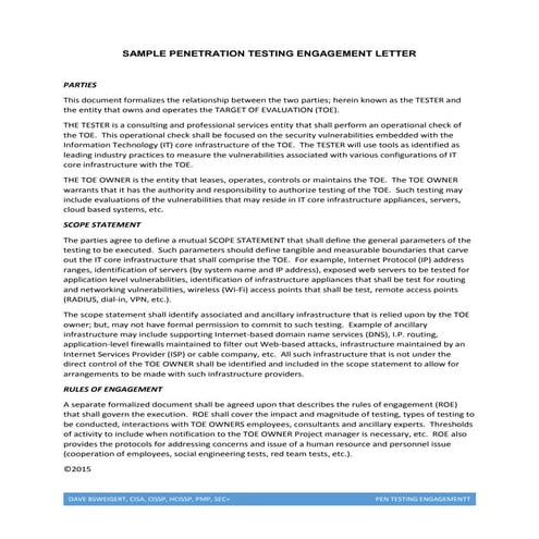 Sample penetration testing agreement for core infrastructure