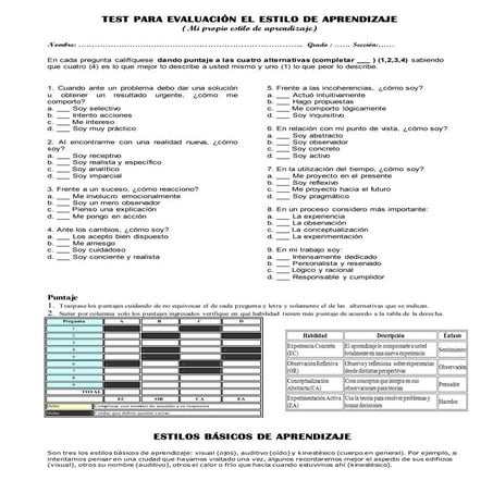 Test de evaluacion estilos de aprendizaje te | PDF