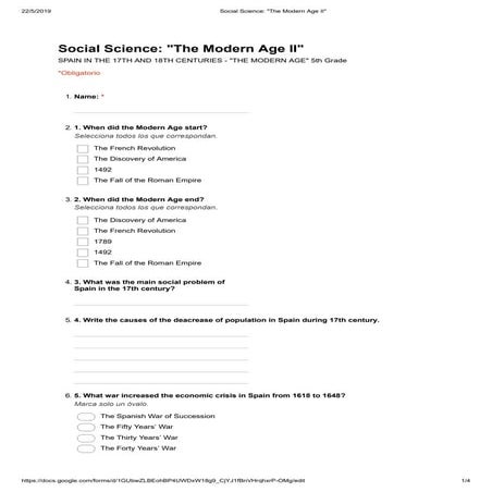 Test  spain in the 17th and 18th century: The Modern Age II