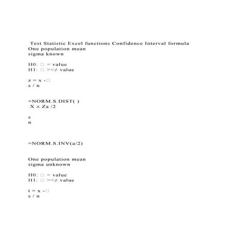Test Statistic Excel functions Confidence Interval formula .docx