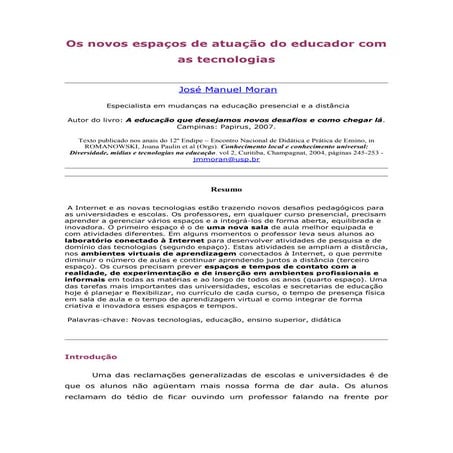Os novos espacos de atuacao do educador com as tecnologias