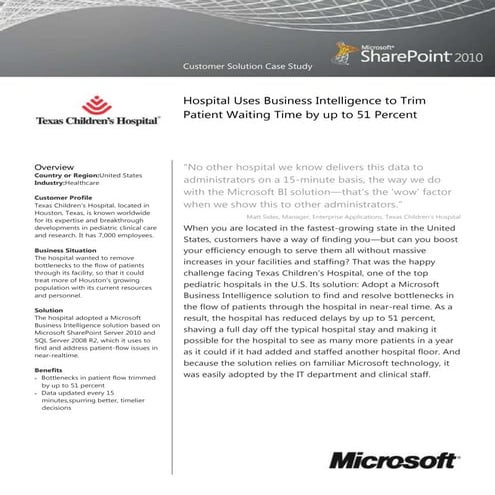 Texas Childrens Hospital SharePoint Server 2010 Case Study - ROI and BI