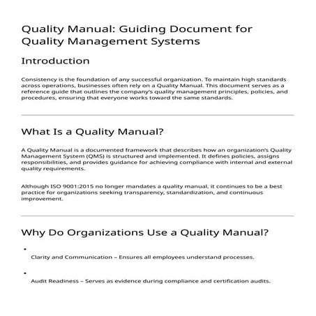 Quality Manual: Guiding Document for Quality Management Systems