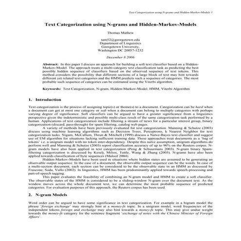 Text Categorization using N-grams and Hidden-Markov-Models