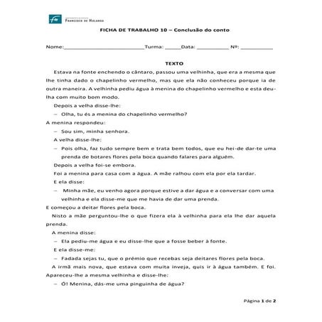 Ficha de trabalho e conto integral