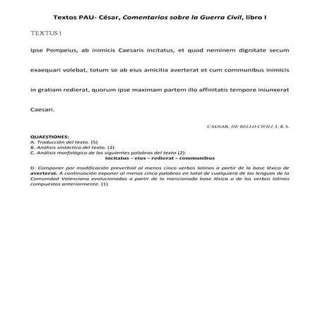 Textos PAU César DE BELLO CIVILI, Liber i