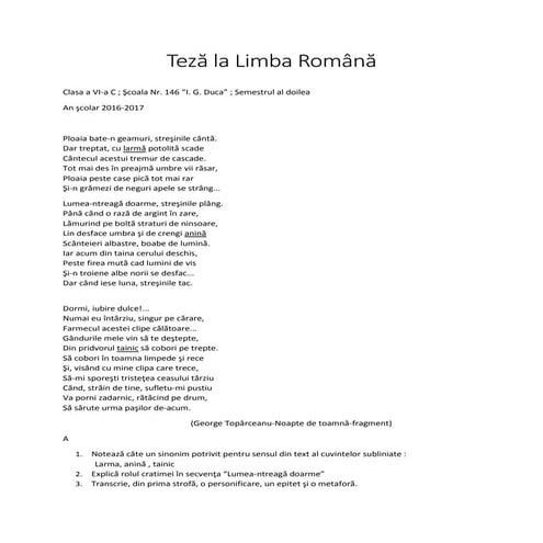 Teza la Romana - Clasa a VI-a - Semestrul al doilea
