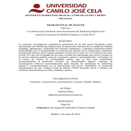 Trabajo Fin de Máster: "La influencia de Facebook como herramienta del Market...