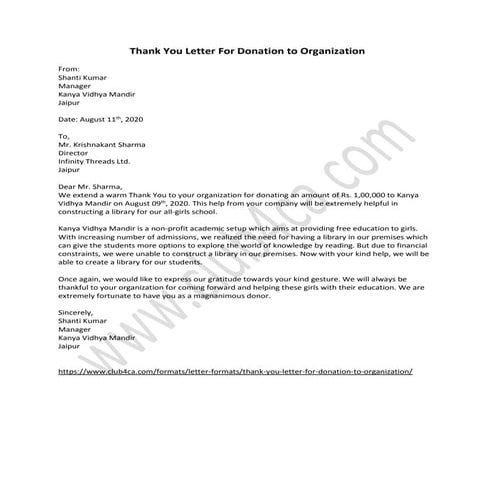 Thank You Letter For Donation to Organization