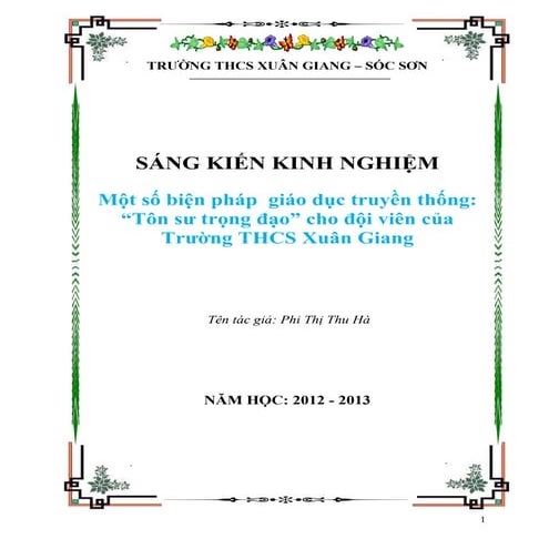 Sáng kiến kinh nghiệm để tài: Một số biện pháp giáo dục truyền thống: “Tôn sư...