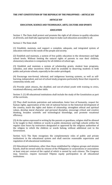 The 1987 constitution of the republic of the philippines   article xiv - educ...