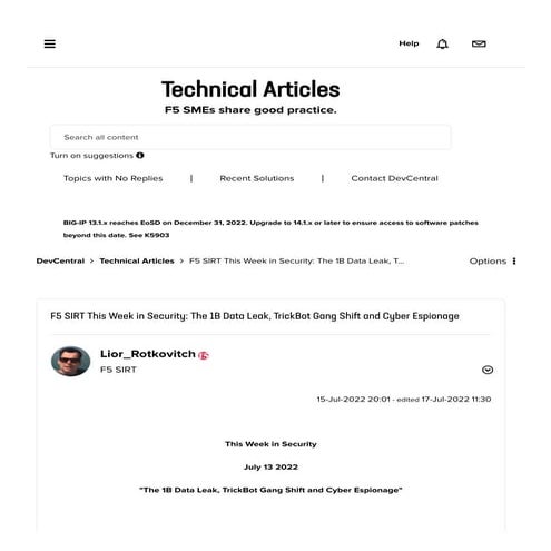 The 1B Data Leak, TrickBot Gang Shift and Cyber Espionage - F5 SIRT This Week...