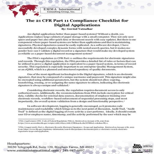 The 21 CFR Part 11 Compliance Checklist for Digital Applications