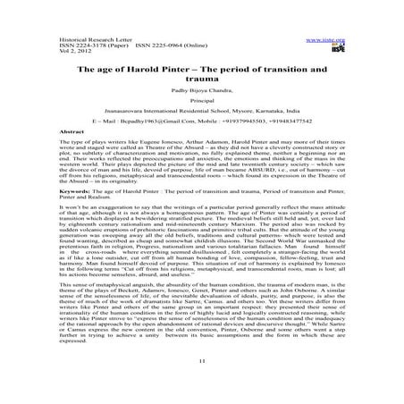 The age of harold pinter the period of transition and trauma