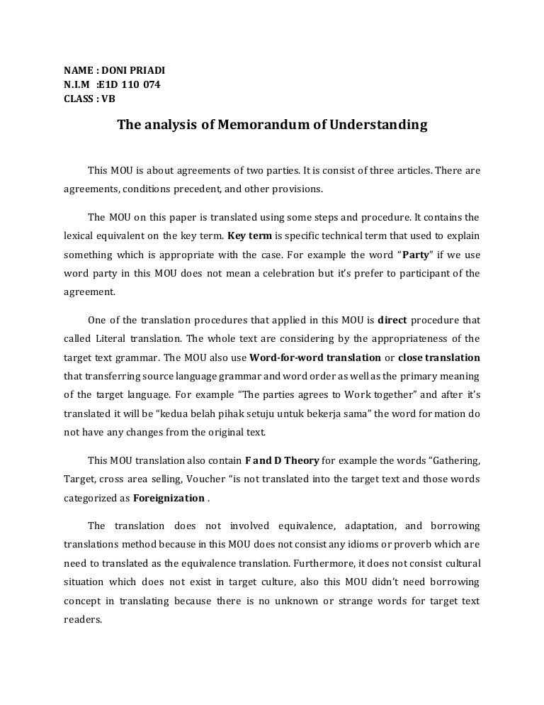 the analysis of memorandum of understanding mou example