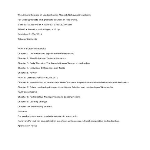 The art and science of leadership 6e afsaneh nahavandi test bank | PDF