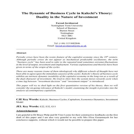 The Dynamic of Business Cycle in Kalecki’s Theory: Duality in the Nature of I...