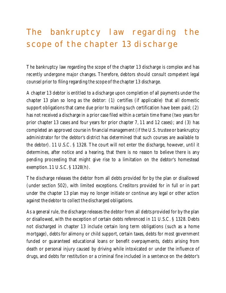 The bankruptcy law regarding the scope of the chapter 13 discharge