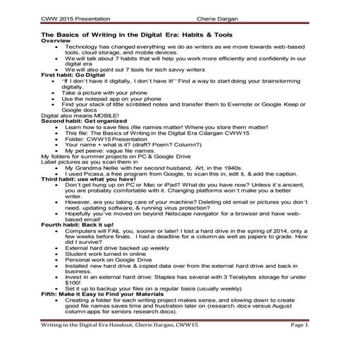 The Basics of Writing in the Digital Era Cherie Dargan Handout Outline CWW15