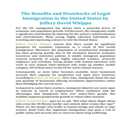 The Benefits and Drawbacks of Legal Immigration in the United States by Jeffery David Whippo
