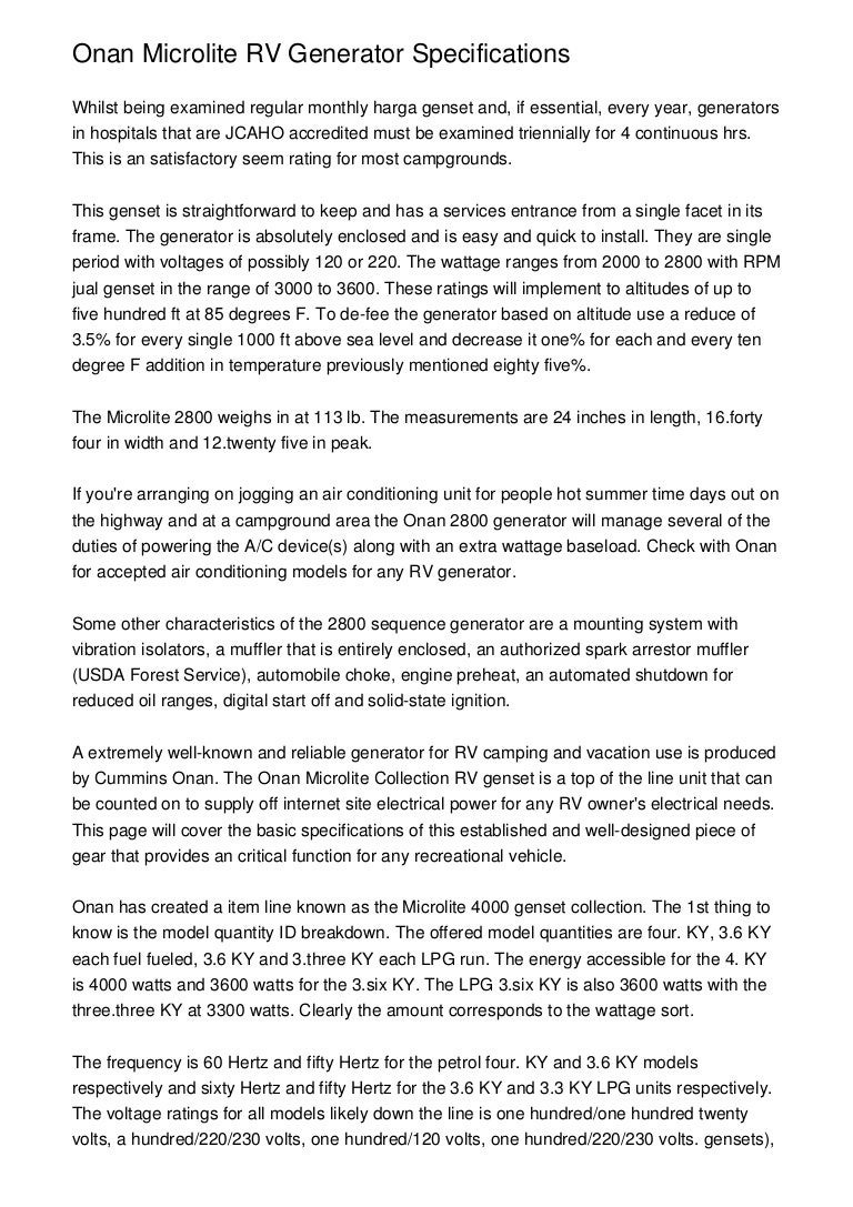 Onan Microquiet 4000 Generator Owners Manual