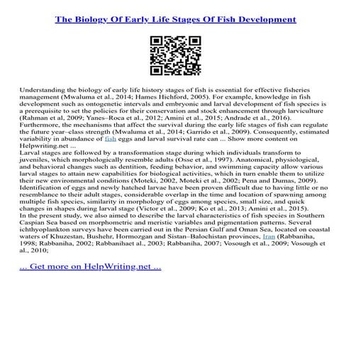 The Biology Of Early Life Stages Of Fish Development | PDF