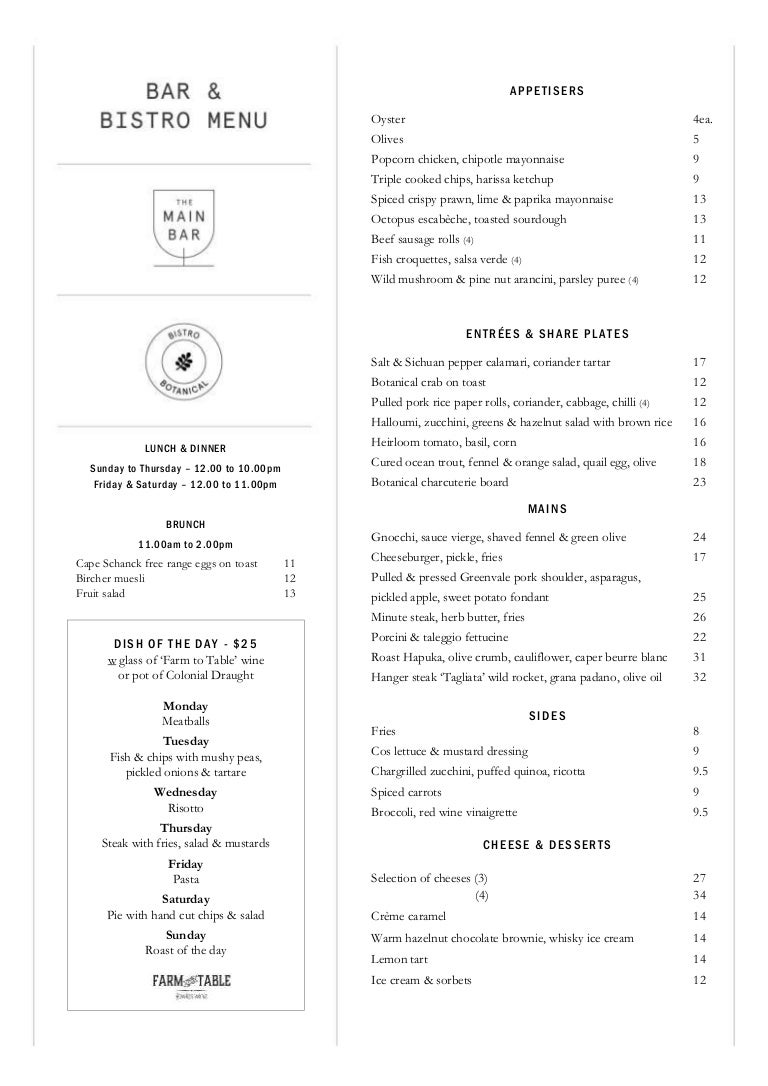 The Botanical Bar and Bistro Menu