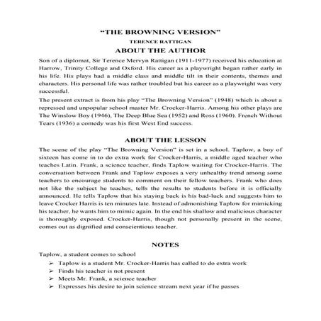THE BROWNING VERSION - TERENCE RATTIGAN CBSE 11 English