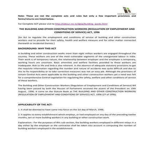 Building and other construction workers act 1996 | PPTX