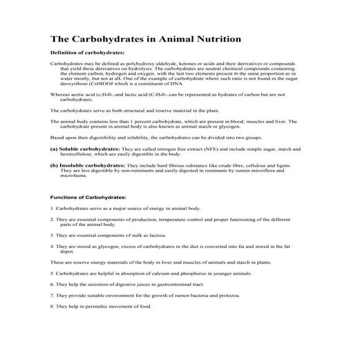 The carbohydrates in animal nutrition