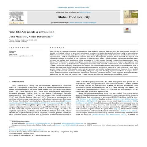 The CGIAR needs a revolution John McIntire a, Achim Dobermann b
