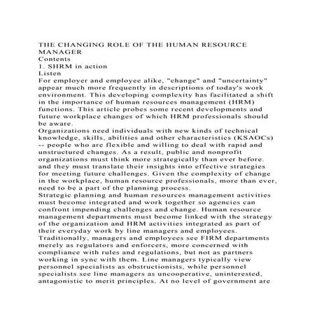 THE CHANGING ROLE OF THE HUMAN RESOURCE MANAGER Contents1. SHR.docx