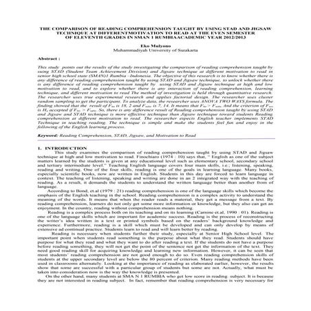 The comparison of reading comprehension taught by using stad and jigsaw techn...